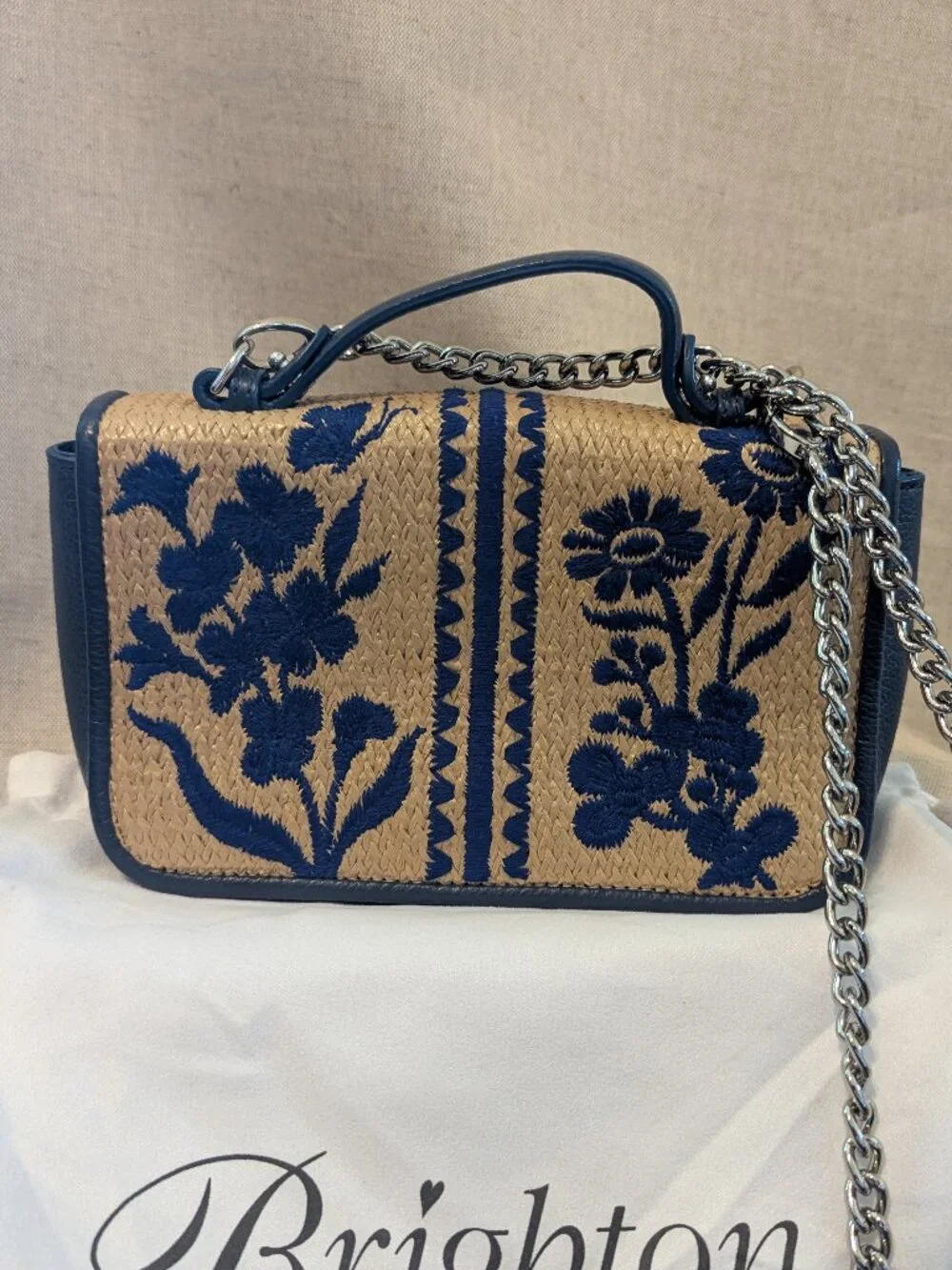 Brighton Blue Floral Embroidered Straw Crossbody Bag with Silver Chain - Picture 2 of 3